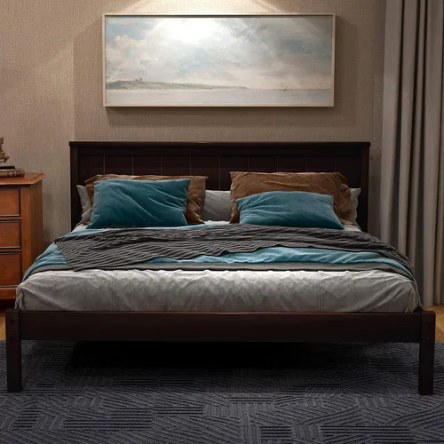Vista 11 de Cama de plataforma con cabecero, marco de cama de plataforma de madera, soporte de listones de madera, no necesita somier, individual, espresso