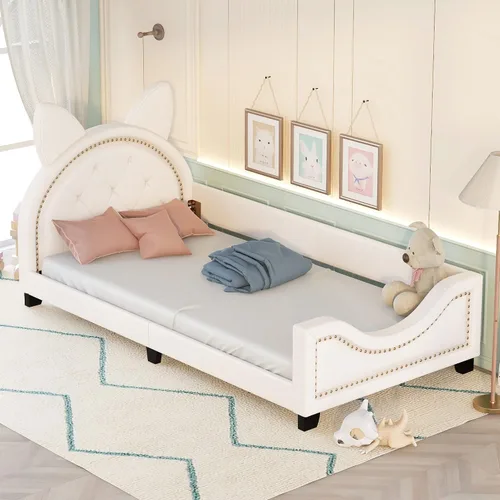 Vista 7 de FridayParts Sofá cama tapizado de tamaño individual con cabecero en forma de orejas de cartón, rosa