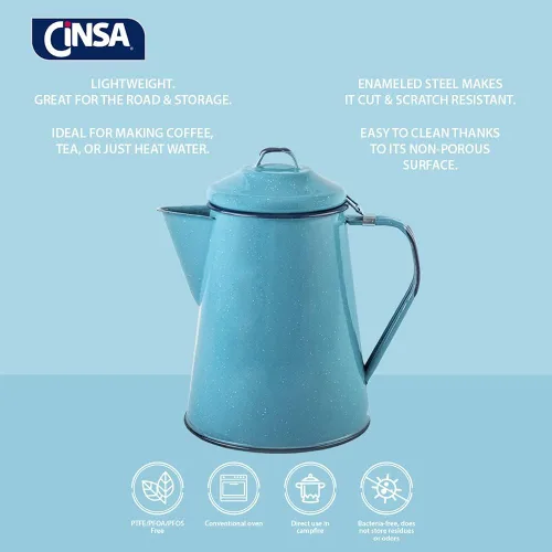 Vista 7 de Cinsa Enamelware - Cafetera (color turquesa) – 8 tazas – Esenciales de camping – Agua caliente para café y té – Ligera y resistente