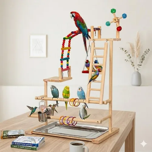 Vista 7 de Parque infantil para pájaros, perca de madera natural, soporte de juego de pájaros para el interior, soporte de loro de 4 capas para pájaros