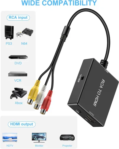Vista 4 de Adaptador convertidor Uzifhdhi de RCA a HDMI, convertidor de AV a HDMI con cable HDMI compatible con PAL/NTSC para PS2/VHS/VCR/DVD Blue-Ray, etc.