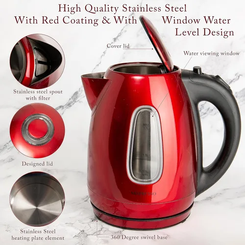 Vista 2 de Mixpresso - Tetera eléctrica de acero inoxidable rojo, 1,7 L, 1500 W
