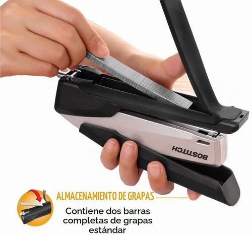 Vista 3 de Bostitch Office Executive Engrapadora de Escritorio de Metal, Engrapadora 3 en 1 Accionada por Resorte, Un Dedo, Compartimento de Almacenamiento
