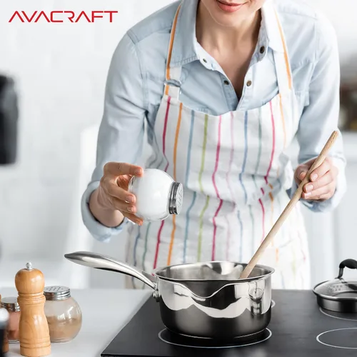 Vista 7 de AVACRAFT Cacerola de acero inoxidable con tapa de filtro de vidrio, dos boquillas laterales para verter fácilmente con mango ergonómico, olla