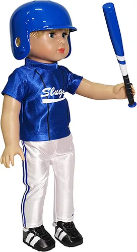 Vista 4 de American Fashion World Uniforme de béisbol azul 7 piezas para muñecas de 18 pulgadas Calidad premium y diseño moderno Ropa de muñeca