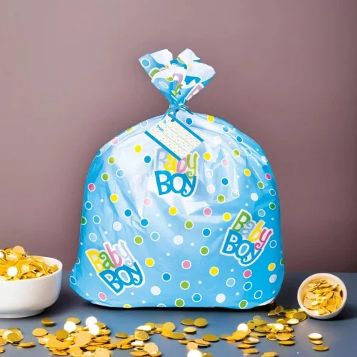 Vista 4 de Bolsa de regalo extragrande con lunares azules para baby shower, 44 x 36 pulgadas (1 unidad), ideal para grandes regalos y paquetes.