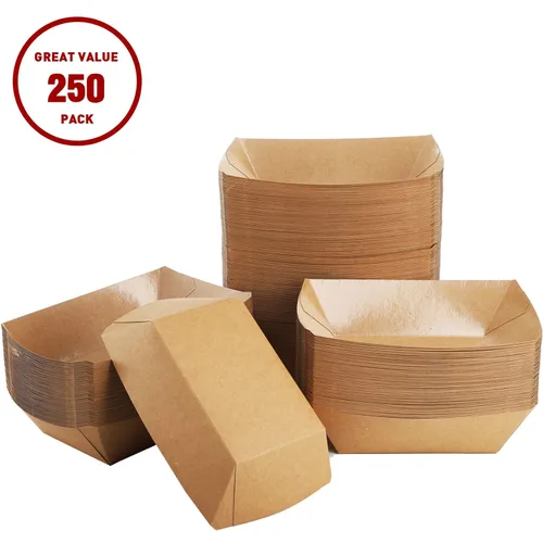 Vista 3 de DEAYOU Paquete de 250 botes de papel para alimentos, bandejas de comida Kraft de 2 libras, desechables, resistente a la grasa para papas fritas
