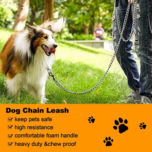 Vista 5 de Correa de metal resistente para perros, cadena de correa para mascotas a prueba de mordidas de 4 pies con mango acolchado suave para perros grandes