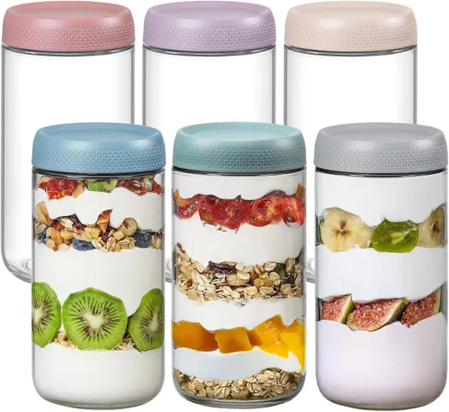 Vista 11 de NETANY Paquete de 6 tarros de vidrio de 16 onzas con tapas herméticas, recipientes de avena con tapas, tarros de ensalada Mason de boca ancha