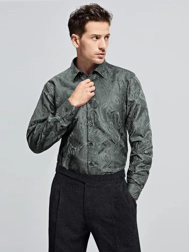 Vista 3 de HISDERN Camisas de vestir de satén brillante para hombre, de lujo, floral, jacquard, de manga larga, a la moda, para bodas, fiestas, bailes