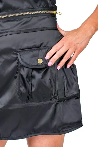 Vista 2 de BeautyLove Lindo delantal de salón negro con cremalleras doradas, bolsillos de carga, cosmetólogo, peluquería, peluquería, peluquería, peluquería