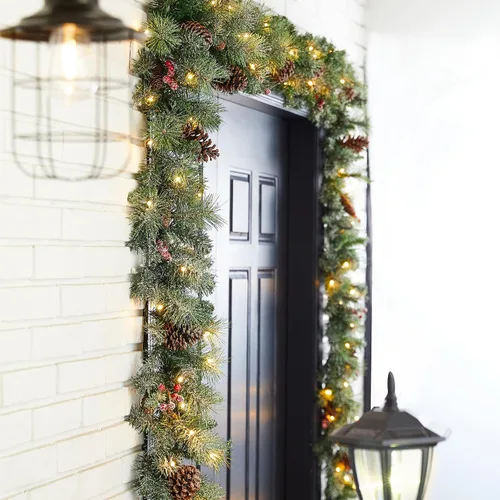 Vista 2 de Glitzhome - Guirnalda de Navidad de 9 pies con luces, guirnalda de Navidad para repisa, guirnalda de Navidad artificial preiluminada con conos
