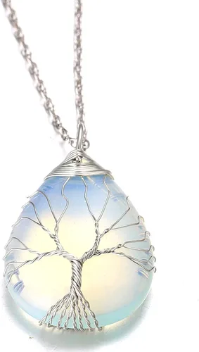 Vista 4 de Halukakah LUNARLOVE - Collar de piedra lunar Hecho a mano Platino18k chapado en oro de 18 quilates con alambre de árbol de la vida, colgante
