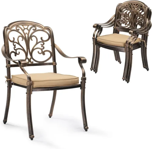 Vista 17 de VINGLI Juego de 2 sillas de patio apilables de aluminio fundido para exteriores con acabado negro vintage y patrón floral, sillones de metal