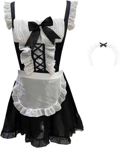 Vista 9 de Disfraz de cosplay sexy de sirvienta, vestido de babydoll con cordones, lencería de peluche, brasier de escuela, mini falda para sexy travieso