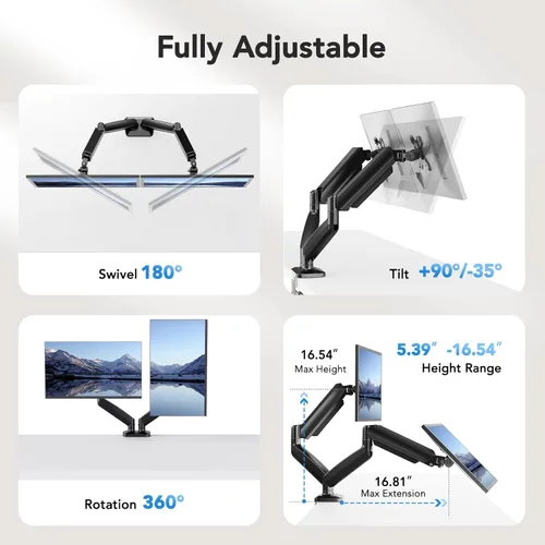 Vista 4 de HUANUO - Soporte de montaje de monitor dual, monta 2 pantallas de hasta 32 pulgadas, soporta 10 kg por brazo, soporte de monitor doble con excelente