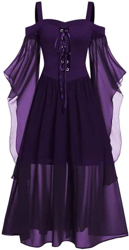 Vista 3 de SHOPESSA Disfraz medieval para mujer, con corsé, ropa gótica, hombros descubiertos, vestido de corsé steampunk, manga mariposa, vestido largo, marino