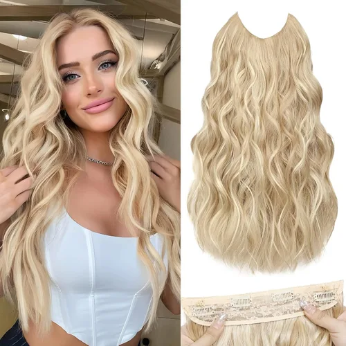 Vista 21 de Extensiones de Cabello con Alambre Invisible - Extensiones de Cabello Halo de 14 Pulgadas Largas Onduladas Postizo Sintético con Alambre