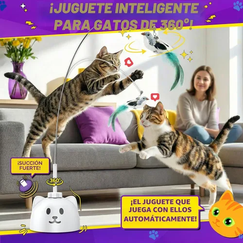 Vista 2 de Juguetes interactivos para gatos de interior: Varita de plumas de ave voladora con giro automático de 360° mejorada con varilla protegida de Blanco