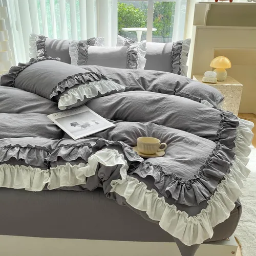 Vista 12 de Shabby Chic - Juego de ropa de cama de 2 piezas, juego de funda de edredón vintage con volantes de 2 capas, juego de microfibra cepillada suave