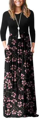 Vista 20 de GRECERELLE Vestido largo de manga larga para mujer, casual, cuello redondo, holgado, sólido floral, maxi largo con bolsillos, S-3XL A-Negro