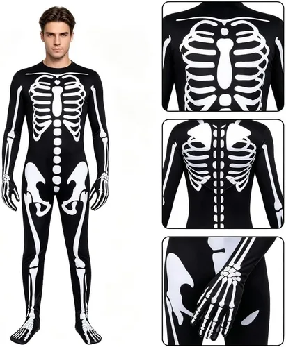 Vista 2 de Disfraz Zentai de esqueleto con capucha de Halloween, elástico, de elastano, cuerpo completo, para cosplay, fiesta, carnaval