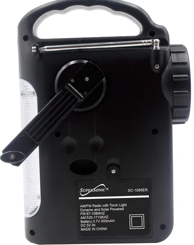 Vista 6 de Supersonic SC-1095ER Radio de emergencia solar/manivela con linterna, 3 fuentes de alimentación, linterna de emergencia, altavoz, radio AM/FM, panel