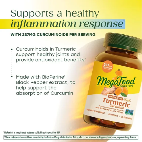 Vista 3 de MegaFood Suplemento de curcumina de cúrcuma de cuerpo entero Minis, suplemento de cúrcuma con pimienta negra, 237 mg de curcuminoides por porción