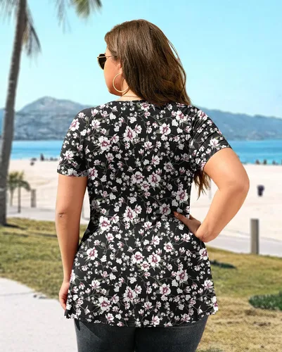 Vista 4 de TIANZHU - Blusa elegante de manga corta para mujer, túnica con cuello en V, estilo envolvente, blusa bonita de talla grande