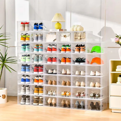 Vista 2 de Paquete de 10 cajas grandes para zapatos de plástico transparente apilables, organizador de almacenamiento de zapatos con tapas, estante