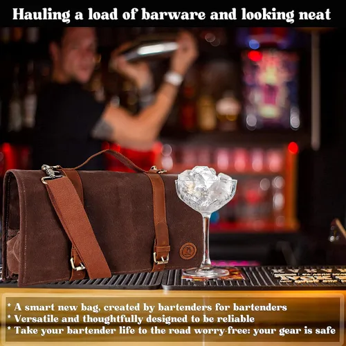 Vista 5 de Bolsa para herramientas de barman de Beemojo, de lona encerada, resistente al agua, con correas ajustables para el hombro, asas de cuero genuino, 16