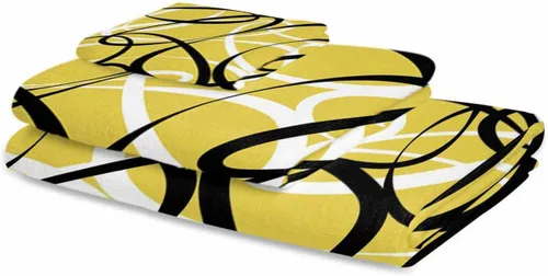 Vista 2 de Juego de toallas de baño de 3 piezas con diseño geométrico amarillo, línea blanca y negra, arte abstracto moderno, toalla suave y absorbente
