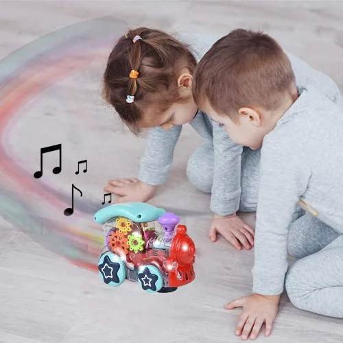 Vista 4 de ArtCreativity Tren de juguete transparente iluminado para niños, 1 unidad, auto de juguete Bump and Go con engranajes móviles coloridos, música