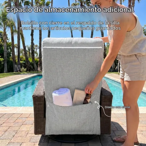 Vista 7 de LayinSun Sillón reclinable giratorio de mimbre de gran tamaño con respaldo ajustable y reposapiés, sillón reclinable para patio Gris