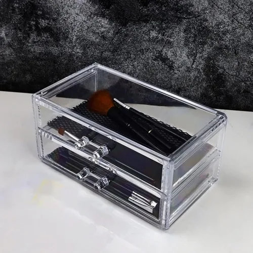 Vista 6 de Organizador de maquillaje de acrílico transparente con 2 cajones, caja de almacenamiento de maquillaje de escritorio y organizador de cosméticos