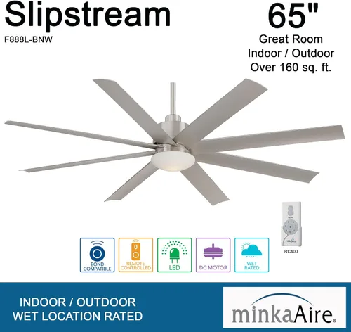 Vista 3 de MINKA-AIRE F888L-BNW Slipstream Ventilador de techo para exteriores de 65 pulgadas con luz LED regulable y motor de CC en acabado húmedo de níquel