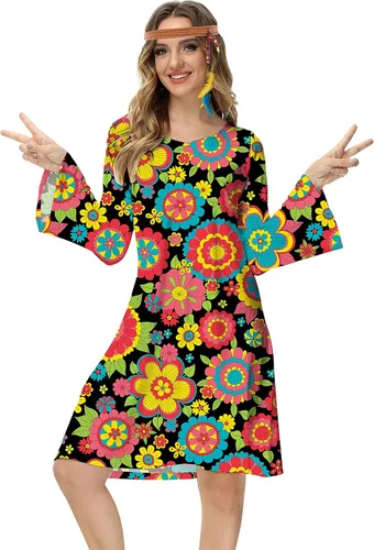 Vista 4 de Deerose Disfraz hippie de los años 70 para mujer, vestido retro Go Go Groovy