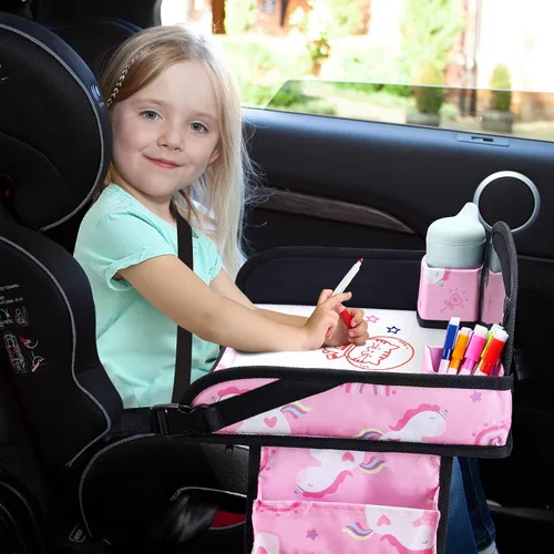 Vista 4 de 2 piezas Bandeja de viaje para niños, bandeja para asiento de coche para niños Viaje, Esenciales de viaje en carretera para niños con kit de dibujo