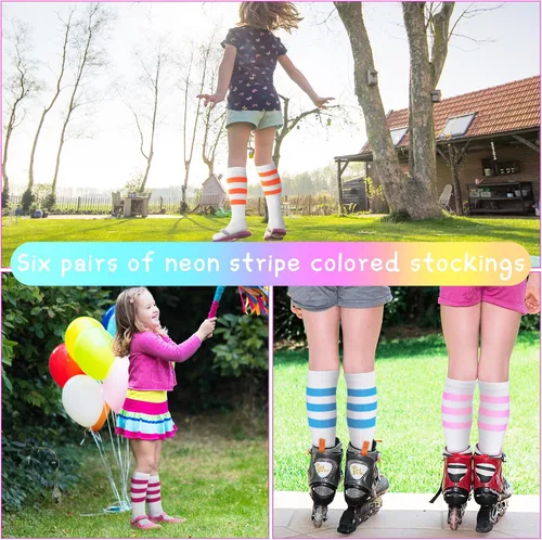 Vista 6 de Giegxin 6 pares de calcetines coloridos a rayas para niños, calcetines de tubo de color neón a rayas para niñas, fiesta de disfraces