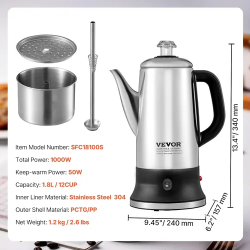 Vista 8 de VEVOR Cafetera Eléctrica de 12 Tazas con Percolador, Cafetera de Acero Inoxidable 304 con Función de Mantenimiento en Calor y Mango Resistente al