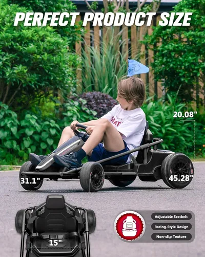 Vista 5 de Go Kart eléctrico de 36 V 10 MPH para edades de 6 a 18 años, carrito de Negro
