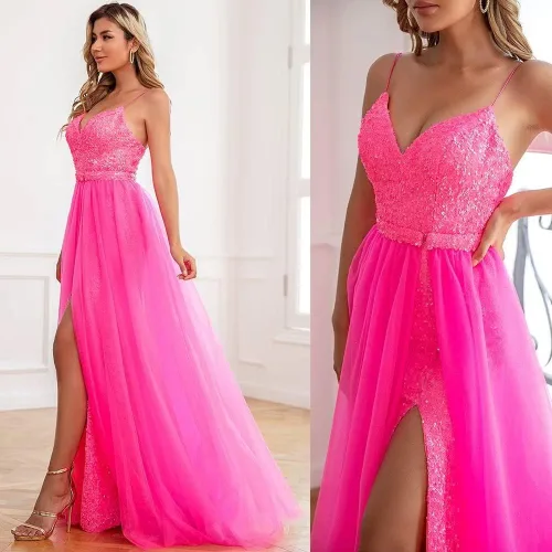 Vista 5 de TRHTX Sexy sirena lentejuelas vestidos de fiesta con abertura cuello en V vestidos formales vestidos de fiesta espagueti con cola desmontable WZY69
