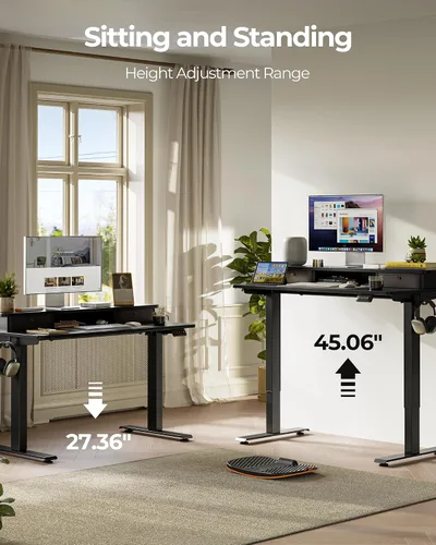 Vista 5 de FEZIBO Escritorio de pie de 48 x 24 pulgadas con altura ajustable, escritorio eléctrico de pie con doble cajón, escritorio de oficina en casa con 4