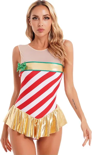Vista 4 de Miutii Leotardo de gimnasia de bastón de caramelo para mujer, vestido de baile de Navidad, disfraz a rayas