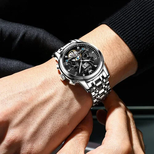 Vista 9 de OLEVS Relojes automáticos para hombre, reloj mecánico de lujo con cuerda automática, Tourbillon, reloj de esqueleto, reloj de negocios con diamantes