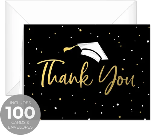 Vista 2 de Canopy Street Tarjetas de agradecimiento de graduación con confeti de oro sintético, 100 tarjetas de notas a granel con sobres blancos, tarjetas