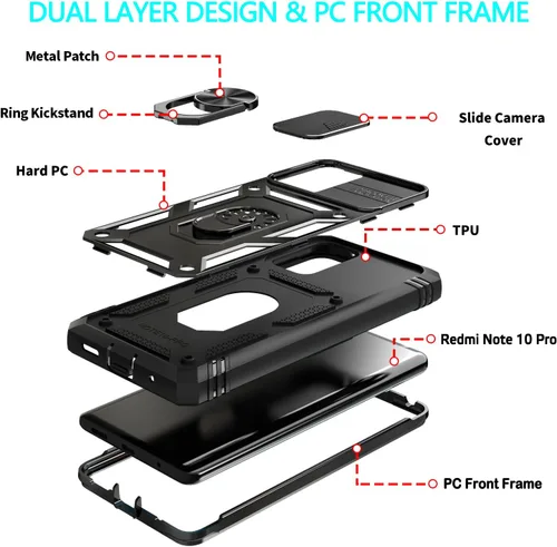 Vista 6 de Funda para Xiaomi Redmi Note 10 Pro, Redmi Note 10 Pro MAX con 3 protectores de pantalla de vidrio templado con soporte de anillo integrado + Negro