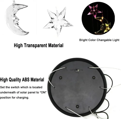 Vista 6 de Campanilla de viento LED solar de luna y estrella, cambiante de color, impermeable, seis luces colgantes, campanillas de viento, móvil solar