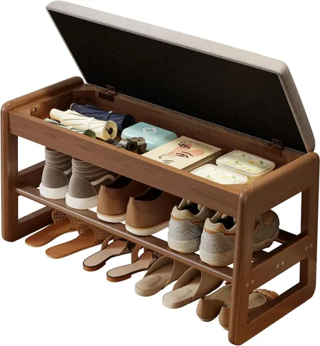 Vista 17 de AQIMUELE Banco pequeño para zapatos, banco de zapatos de 2 niveles con almacenamiento con tapa abatible, zapatero de madera para entrada, pasillo