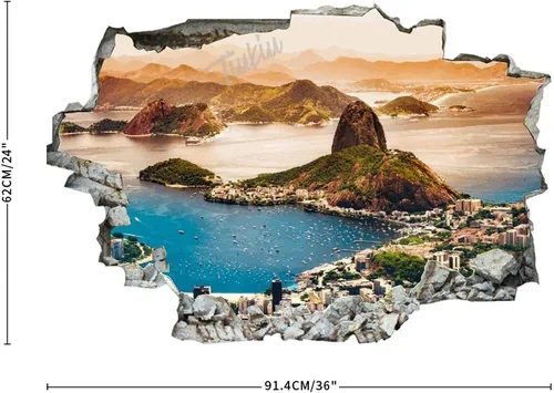 Vista 3 de Calcomanías 3D de pared rota de Río de Janeiro Brasil para decoración de ventanas, calcomanías artísticas para dormitorio, sala de estar, 36 x 24